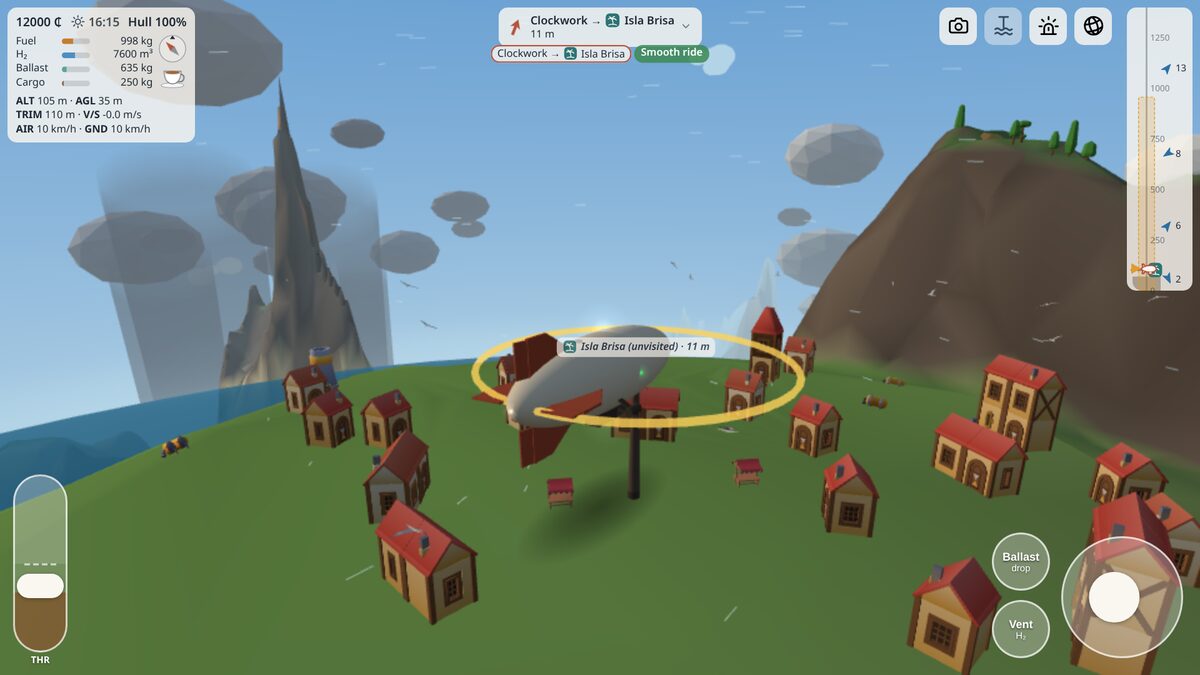 The game as played: the ship over a town's mooring ring, with the instruments and controls on screen