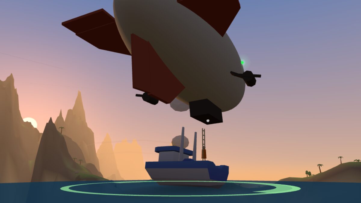 The airship hovering over a fishing boat at sunset
