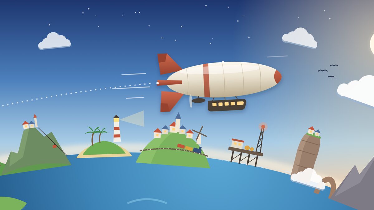 The airship over the tiny planet: a lighthouse island, a hill town, a platform at sea