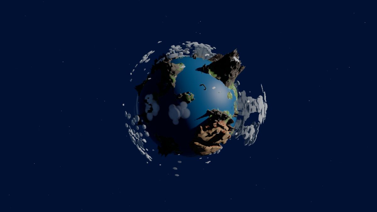 The whole planet seen from orbit, half in daylight, under its clouds