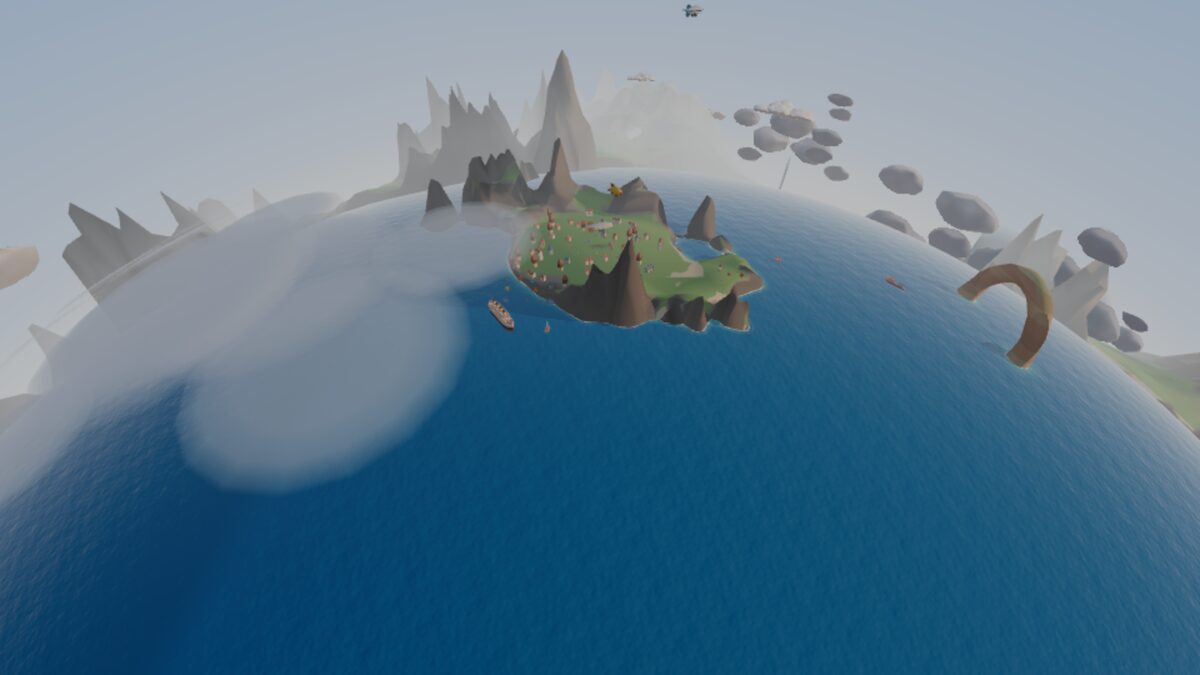 The curve of the planet: an island, a stone arch in the sea, clouds beyond