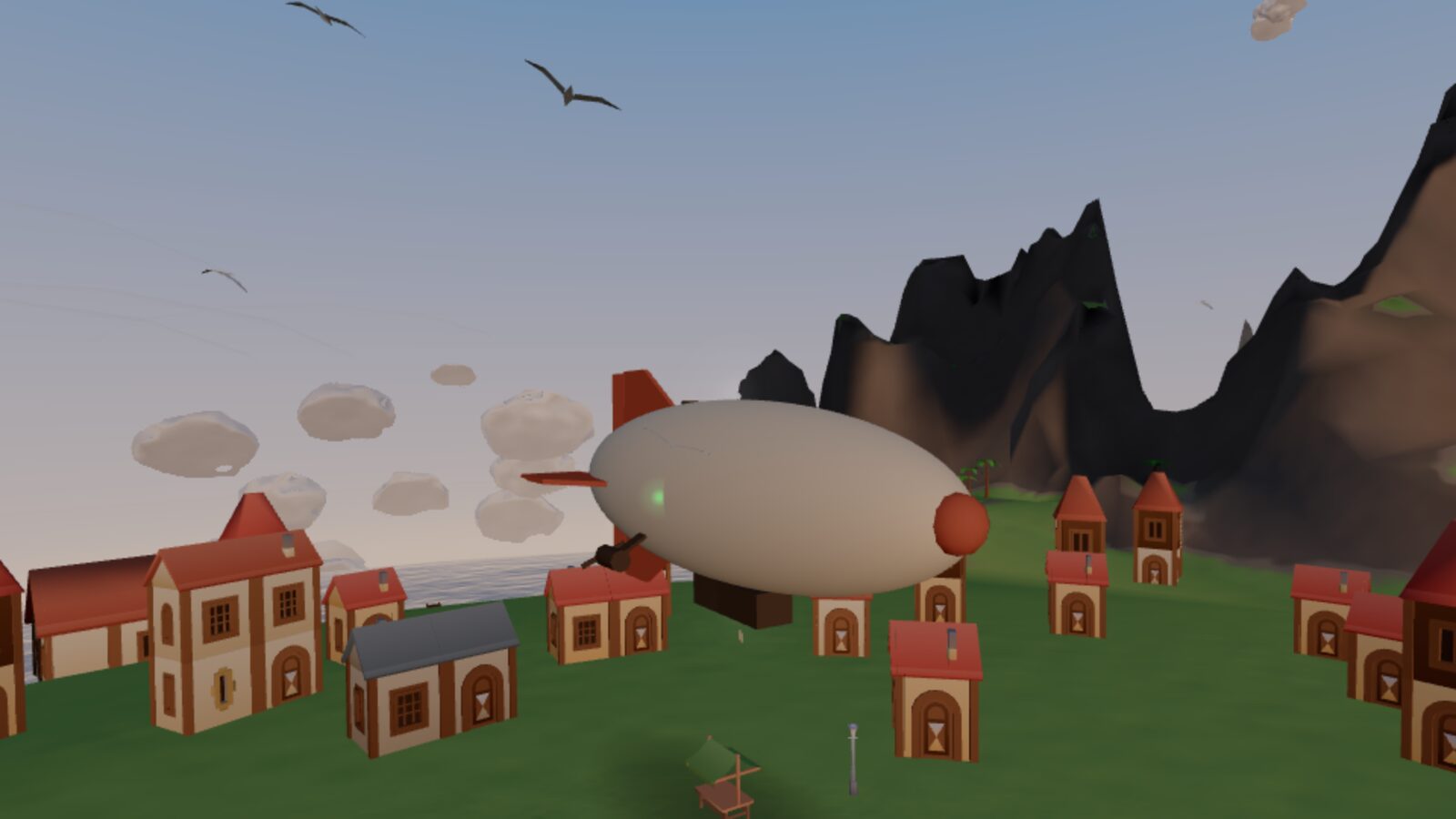 The trailer's first frame: the airship low over the roofs of Port Lumen