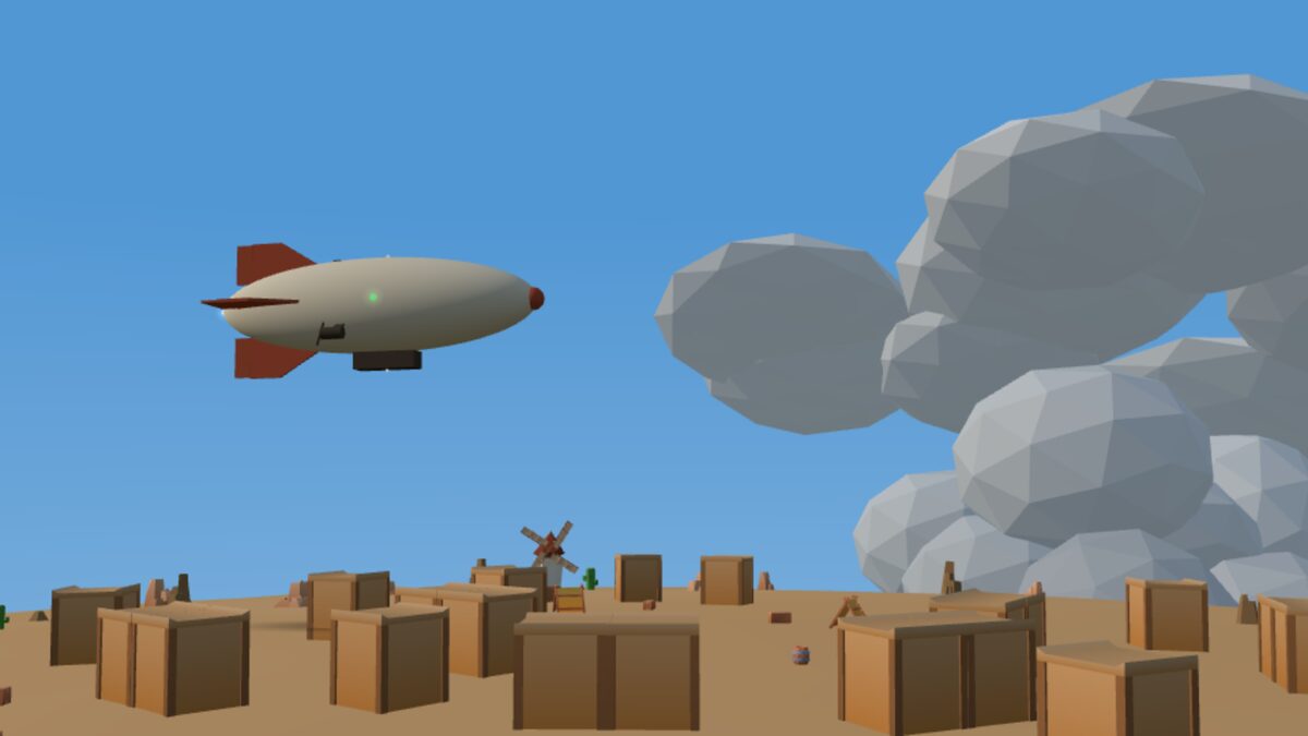 The airship passing a bank of clouds over a desert town